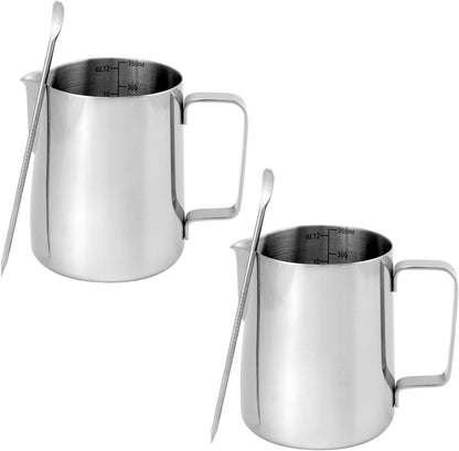 QWORK 2 Pack Milk Frothing Pitcher with Latte Art Pen - 304 Stainless Steel, 12oz/350ML Milk Frother Cup, Milk Steaming Pitcher for Milk/Coffee/Cappuccino/Latte Art Barista