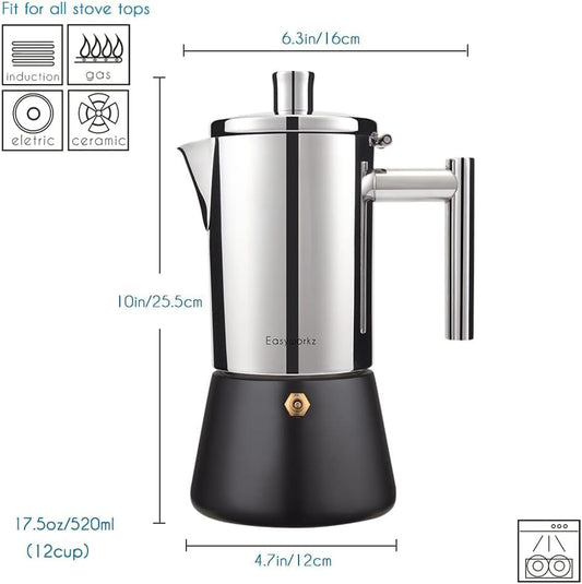 Easyworkz Diego Stovetop Espresso Maker Stainless Steel Italian Coffee Machine Maker 12Cup 17.5 oz Induction Moka Pot