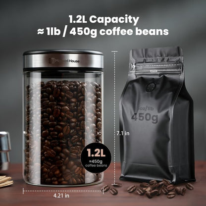 Maestri House Vacuum Coffee Canister with Spoon, 40 OZ AirTight Glass Coffee Bean Storage Container, Food Storage Jar, for 1 lb Beans, Grounds Coffee, Tea, Flour, Cereal, Sugar (Silver)