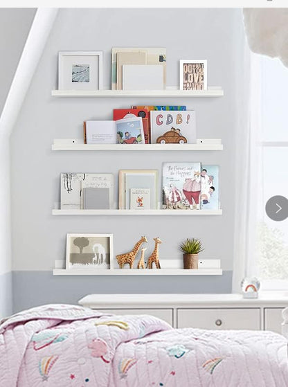 Forbena 36 Inch Floating Shelves for Wall 4-Pack, Large Nursery Book Shelves Bookshelf for Kids Bedroom, Long Picture Ledge Shelf with Lip for Living Room Photo Frames Art Display (White Solid Wood)