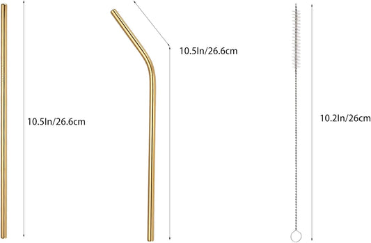 10 Pcs Stainless Steel Straws, Reusable Drinking Straws, 5 Straight + 5 Bent Metal Straws Set With 2 Pcs Cleaning Brushes (Gold, 10.5 Inch)
