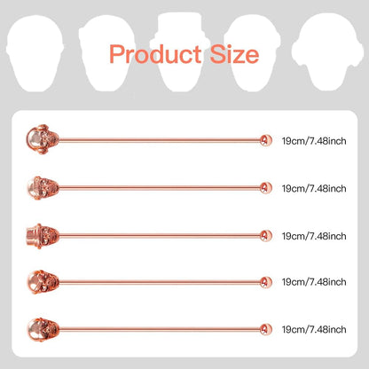 Skull Shape Swizzle Sticks, Reusable Stainless Steel Coffee Beverage Stirrers Cocktail, 5-Pack Drink Stir Sticks for Bar Party Home Office (Rose Gold)