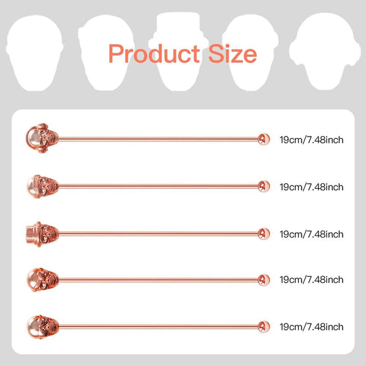 Skull Shape Swizzle Sticks, Reusable Stainless Steel Coffee Beverage Stirrers Cocktail, 5-Pack Drink Stir Sticks for Bar Party Home Office (Rose Gold)