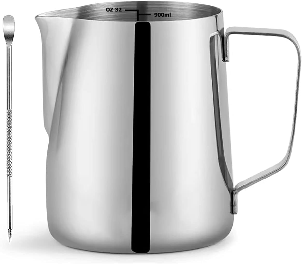 CAMKYDE Stainless Steel Milk Frothing Pitcher 32 oz, Espresso Steaming Pitcher with Decorating Pen for Espresso Machines, Cappuccino, Latte Art (Silver)