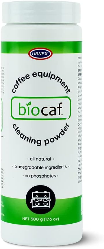 Urnex Biocaf Coffee Equipment Wash - 17.6 Ounce (100 Uses) - Safe Biodegradable Phosphate-Free for Use On Espresso Machines and Coffee Brewers Sustainable Renewable Eliminates Residue White
