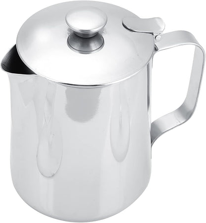 Stainless Steel Milk Frothing Pitcher, Stainless Steel Coffee Cup Mug Milk Frothing Pitcher Jug with Lid for Latte Coffee Art for Office Kitchen with handle(600ml)
