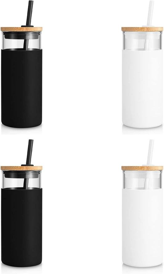 Tronco 20 oz Glass Tumbler Glass Water Bottle Straw Silicone Protective Sleeve Bamboo Lid - BPA Free - Black White/ 4 Pack