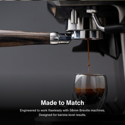 Crema Coffee Products 58mm Bottomless Naked Portafilter | Compatible with 58mm Breville Machines | Includes Double Shot Filter Basket | Walnut