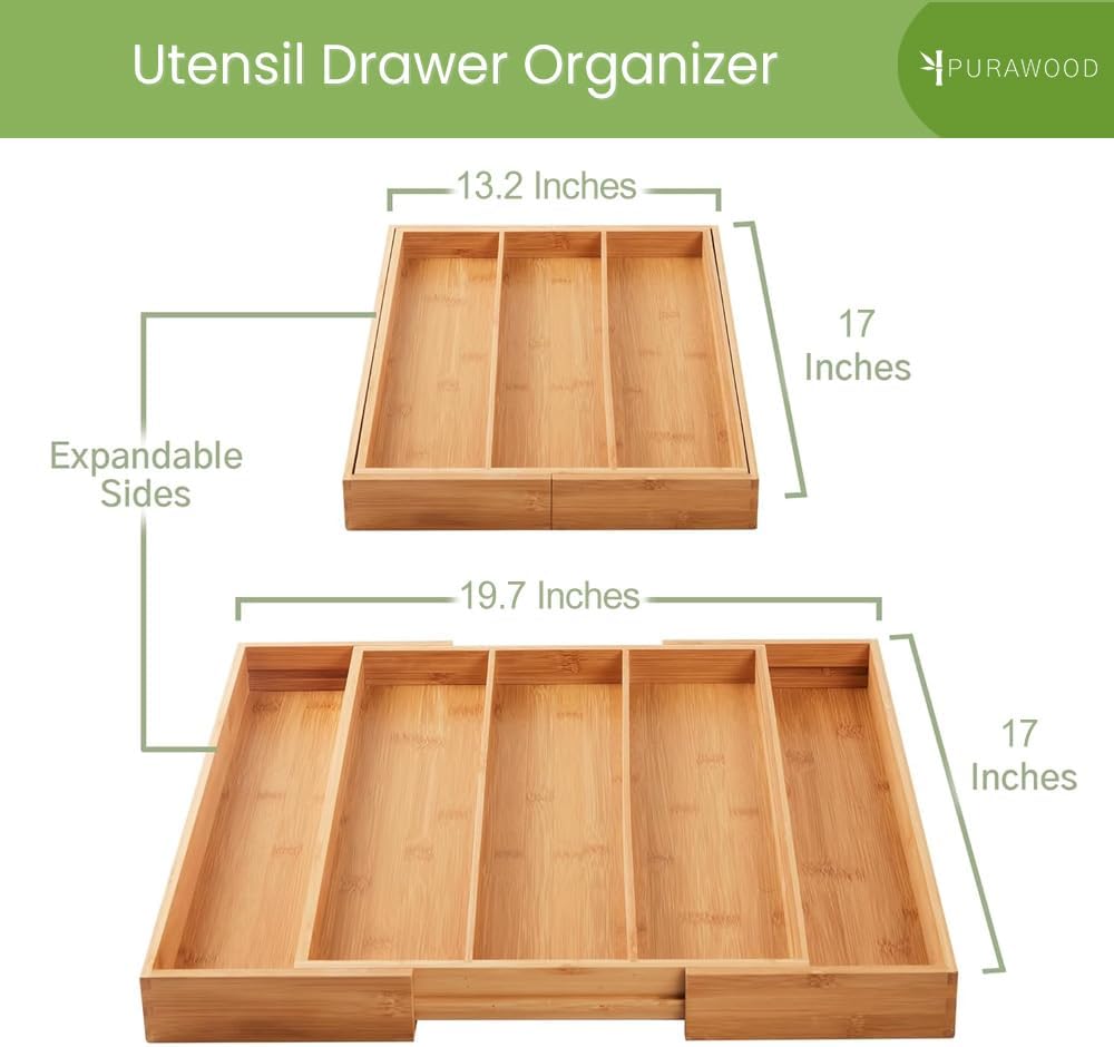 Purawood Kitchen Drawer Organizer - Expandable Utensil Drawer Organizer for Kitchen, Cutlery Tray & Silverware Organizer, 3-5 Slots - Bamboo Organizer for Utensils & Flatware (Natural)