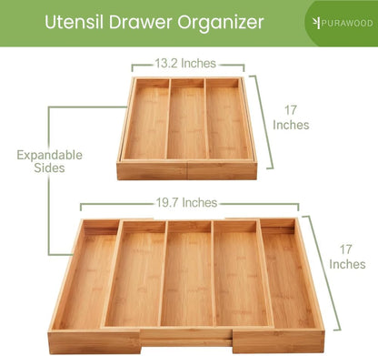Purawood Kitchen Drawer Organizer - Expandable Utensil Drawer Organizer for Kitchen, Cutlery Tray & Silverware Organizer, 3-5 Slots - Bamboo Organizer for Utensils & Flatware (Natural)