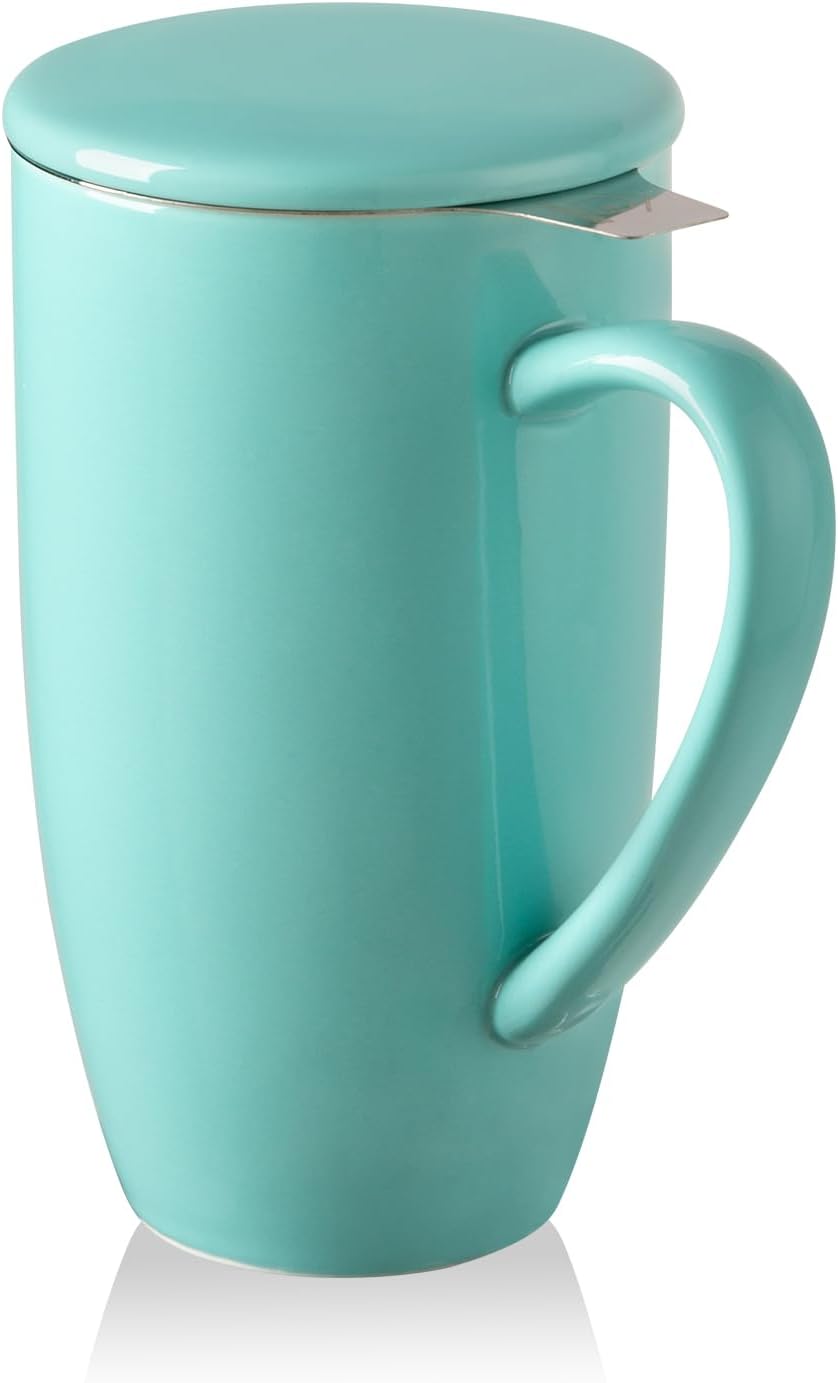 Sweejar Porcelain Tea Infuser Mug with Lid, 20 oz Teacup with Strainers for Loose Leaf Tea, Microwave and Dishwasher Safe Coffee Mug(Turquoise)