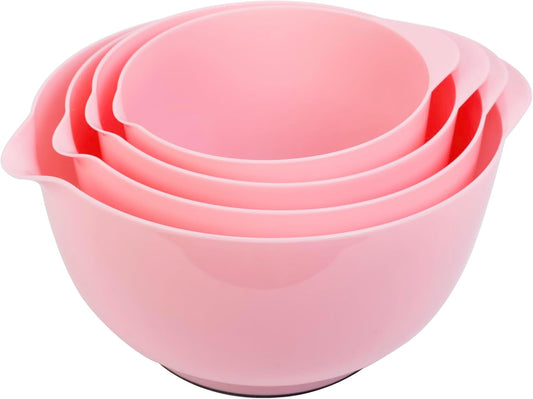 BoxedHome 4 Quart Large Plastic Mixing Bowls, Microwave Safe Mixing Bowl Set with Pour Spout, Nesting Bowls for Space Saving Storage(Fading Rose)