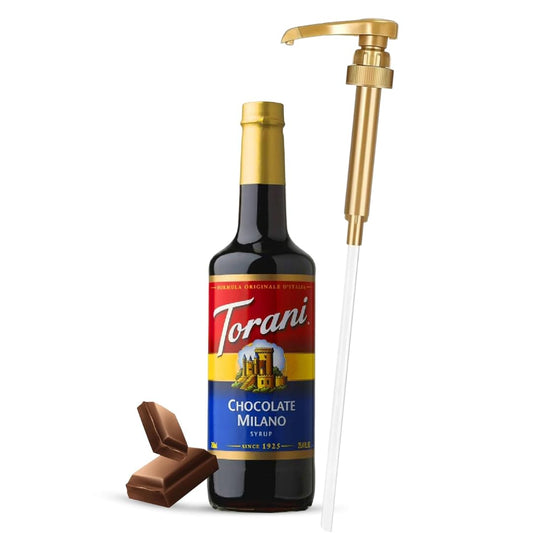 Jimoco® Syrup Pump Dispenser + Torani® Chocolate Milano Syrup, 25.4 oz - Coffee Syrup Pump & Flavoring Bundle
