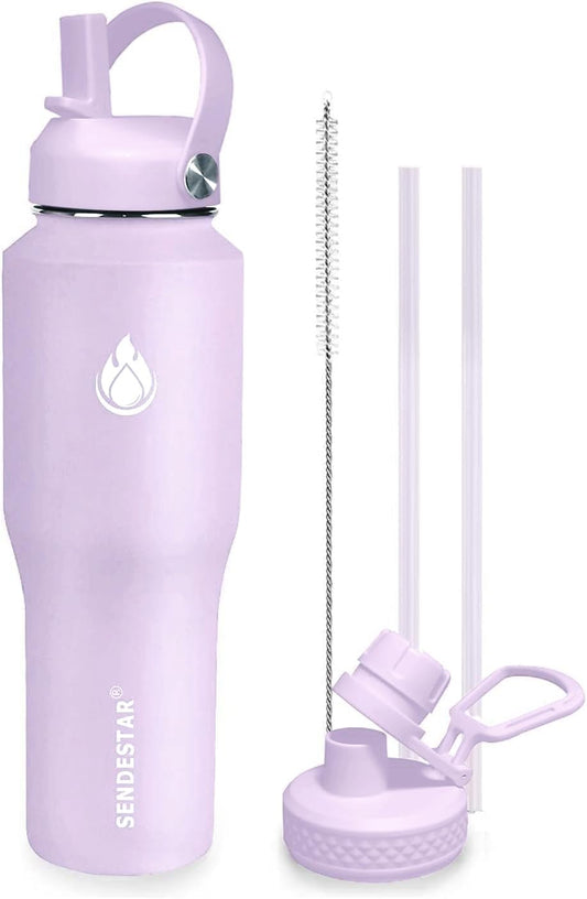 SENDESTAR 32oz Water Bottle Wide Mouth Stainless Steel Vacuum Insulated Double Wall with 2 Straw Lids Fit in Any Car Cup Holder TXIN-32-LV-1