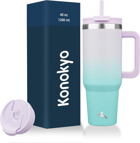 40 oz Tumbler with Handle and 2 Straws,2 in 1 Lid Insulated Water Bottle Stainless Steel Travel Coffee Mug,Lavender Green