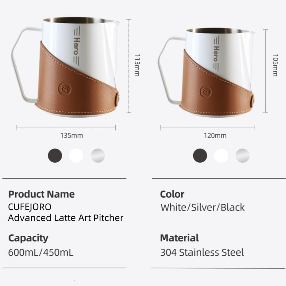 Milk Frothing Pitcher 450ml/16oz 304 Stainless Steel Espresso Steaming Pitcher with PU Leather, Milk Frothing Jug,milk frother cup,Milk Jug Cup,Premium Barista Tools,Latte Art (Black,16oz)