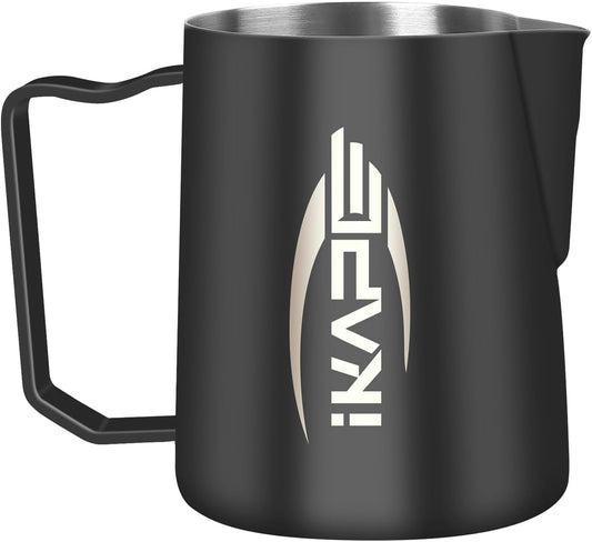 IKAPE Espresso Milk Pitcher, Espresso Steaming Pitcher with Sharp Spout for Espresso Barista Tool, 20.3 oz / 600ml Milk Frothing Jug (Black)