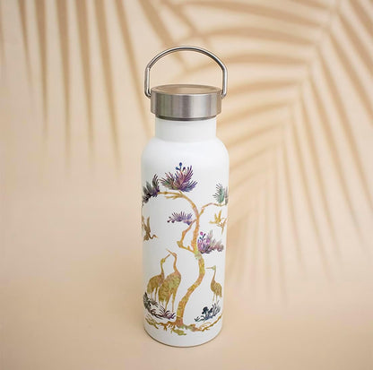 Mother of Pearl Design Stainless Steel Water Bottle 17 oz Leakproof Screw Cap Metal Handle Lid Wide Mouth Double Wall Vacuum Insulated Travel Sport Water Flask Thermo Mug (Crane Pine White)
