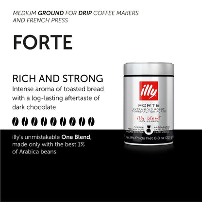 Illy Ground Drip Coffee - Forte Extra Bold Roast Coffee - Rich & Strong Flavor - 100% Arabica - Pre-Ground for Drip Pour Over - Pressurized Packaging Sealed for Freshness - 8.8oz (Pack of 6)