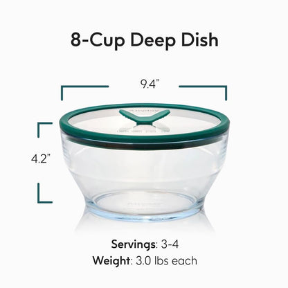 Anyday 8-Cup Glass Food Storage with Glass Lid, Round Deep Dish | Plastic-Free Meal Prep & Microwave Cookware | Stackable Airtight Storage Container with Vented Lid for Microwave-Safe Reheating