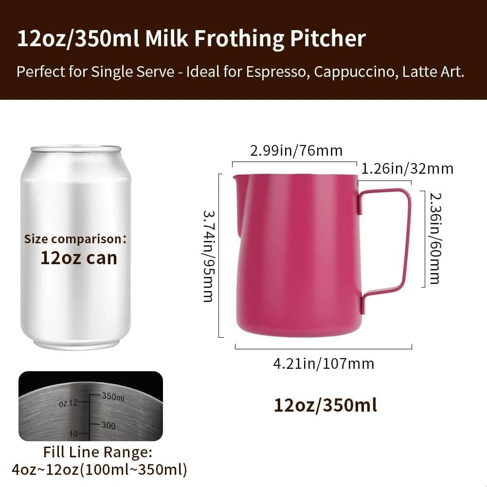 watchget Stainless Steel Milk Frothing Pitcher 12oz/350ml - Espresso Steaming Pitcher for Cappuccino, Latte Art, Coffee Machine Accessories Milk Jug Coffee Frother Cup, Rose Red