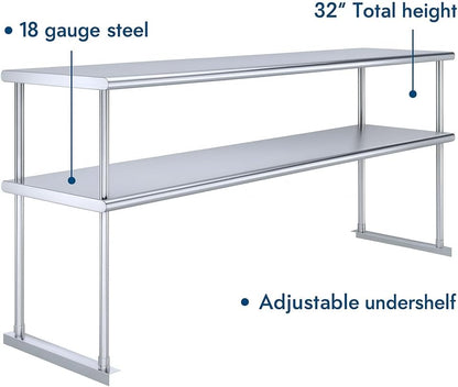 14" x 48" NSF Certified Commercial Stainless Steel Double Overshelf | 18-Gauge Heavy-Duty Kitchen Storage & Organization for Work Tables