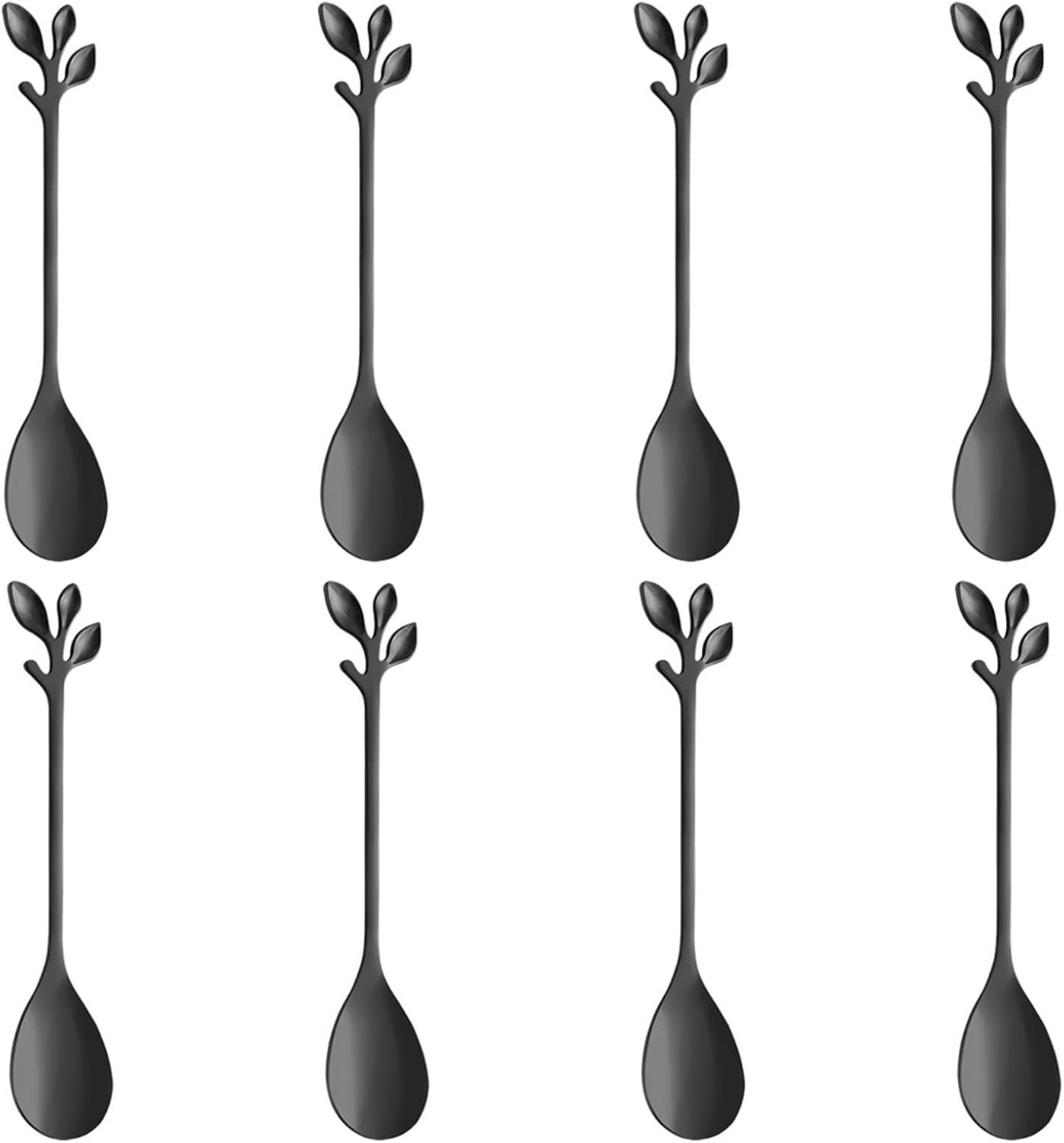 AnSaw 8-Pack Elegant Black Leaf 4.7" Espresso Spoons - Stainless Steel, Perfect for Coffee, Demitasse, Dessert & Tea, Mini Size for Small Servings