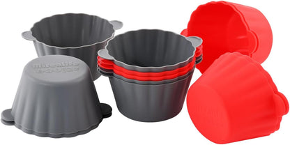 12 Pack Reusable Non-stick Large Silicone Baking Cups, 3.54 Inch Jumbo Silicone Cupcake Liners, Cake Molds with Handles, Large Muffin cups, Red and Gray
