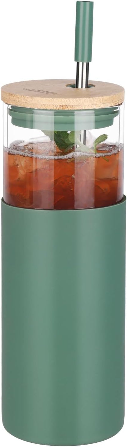 Glass Tumbler w/Lids & Straw: 24 oz Reusable Glass Cup w/Bamboo Lid, Stainless Steel Straws, BPA-Free, Leak-Proof, Dishwasher Safe for Coffee/Smoothies/Hot Beverage, Travel/Office/Home Use, 1-Pk