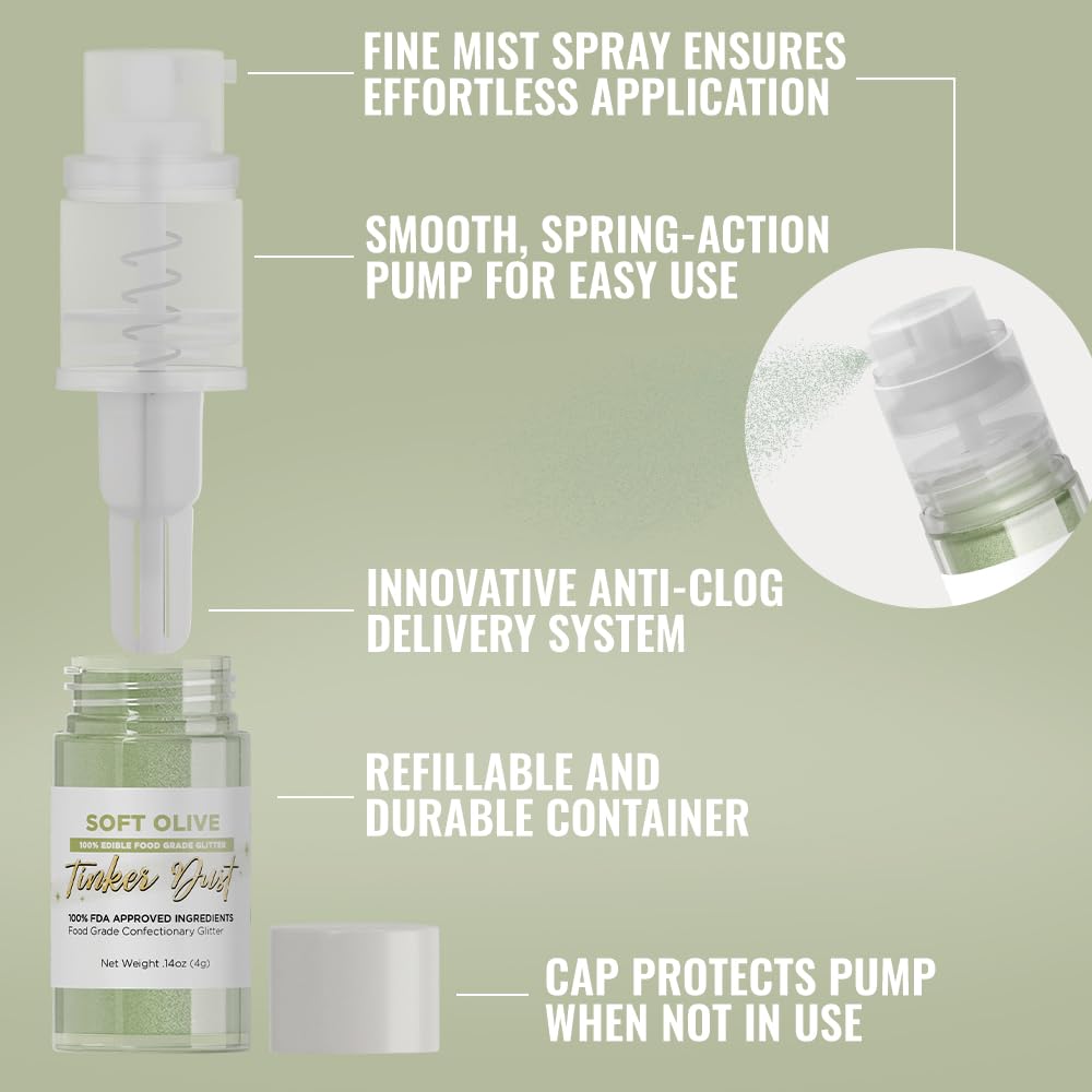 Bakell - Soft Olive Tinker Dust (4g, 1x Mini Spray Pump) Edible Glitter for Food, Desserts, and Beverages!