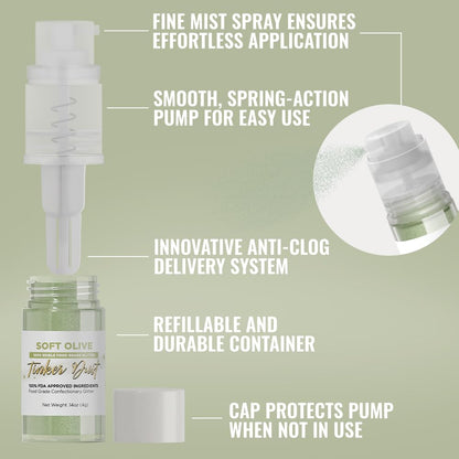 Bakell - Soft Olive Tinker Dust (4g, 1x Mini Spray Pump) Edible Glitter for Food, Desserts, and Beverages!