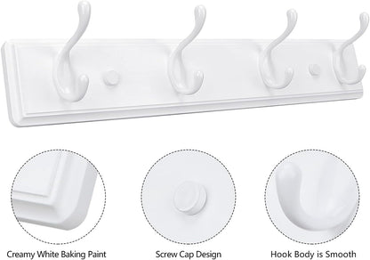 Wooden Coat Rack, Wall-Mounted Organizer for Closet, Entryway, Hallway, Foyer, Bedroom, Heavy Duty Double Hooks for Hanging Towels, Bags, Hats, Jackets, Key (White, 4 Hooks)