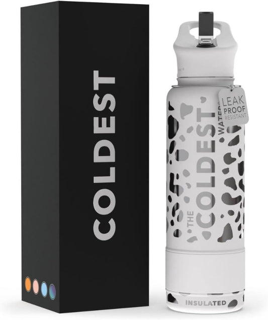 Coldest Insulated Water Bottle with Straw Lid - Stainless Steel Metal Insulated Bottle for Men & Women (Silver Leopard, 40 oz)