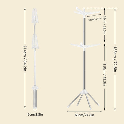 SUYU Clothes Drying Rack,Folding Clothes Drying Tree, 2 Layer with 6 Rotatable Arms,72-Inch Indoor Clothes Rack,Stainless Steel,4 Legs,White and Silver SNJ202
