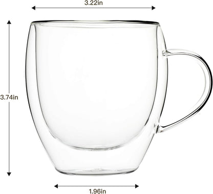 Aurzen 2 Pack Double Walled Glass Coffee Mugs with Handles 8.5oz, Large Insulated Layer Coffee Cups, Clear Borosilicate Mugs, Perfect for Cappuccino, Tea, Microwave Safe (8.5oz-2Pack)