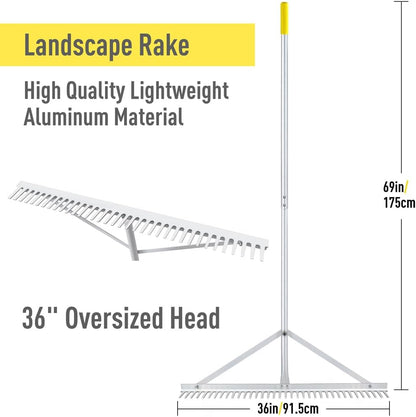 Landscape Rake 36'', Aluminum Rakes with Lightweight 69'' Handle, Landscaping Rake Tool for Lawn Care, Beach