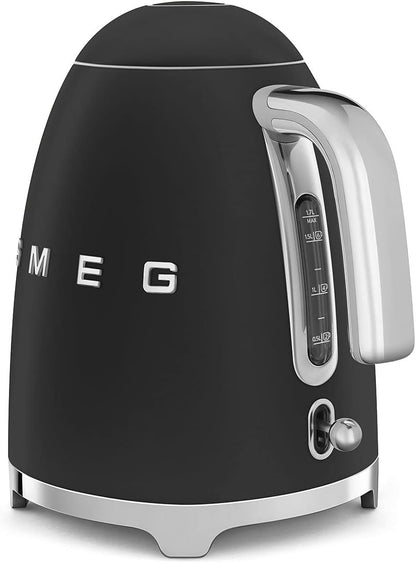 SMEG 50's Retro Style Electric Water Kettle with Automatic Shutoff, Removable Base, and Water Indicator, KLF03BLMUS, Matte Black