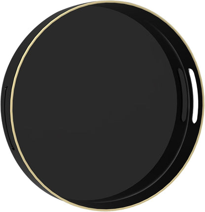 MAONAME Black Decorative Tray for Coffee Table, Modern Round Serving Tray with Handles, 13" Plastic Tea Trays for Ottoman, Bathroom Decor