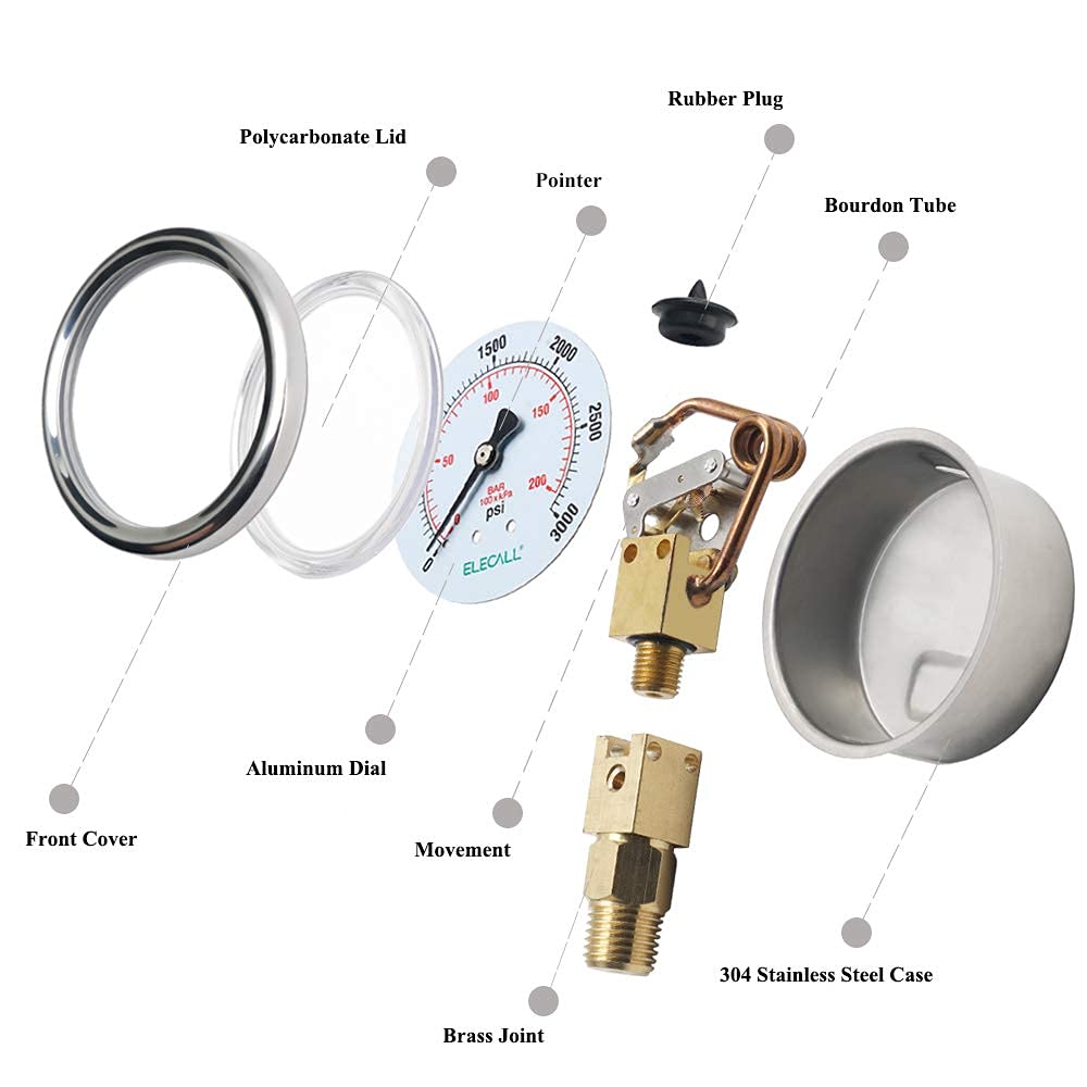 ELECALL 2-1/2” Glycerin Liquid Filled Air Pressure Gauge, 0-3000Psi, 1/4”NPT Lower Mount, Stainless Steel Case, Brass Internals, Water Pressure Gauge