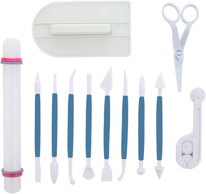 Marshmallow Fondant Cake Decorating Hand Tool 12 Pcs 5 Sets Sugarcraft Gumpaste Icing Smoother Rolling Pin Trimmer Cutter Embosser Flower Scissor Modelling Accessories Supplies Kit Blue