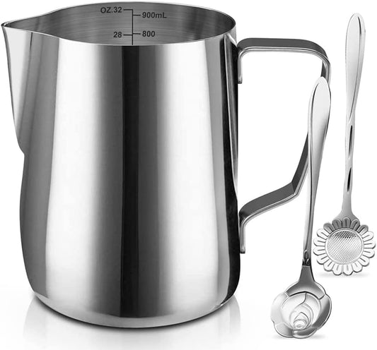 Milk Frothing Pitcher Cup, 32oz/900ML Milk Frother Cup Stainless Steel Steaming Pitcher Milk Jug Coffee Latte Art Cappuccino Espresso Machine Accessories Barista Steam Pitchers Attached Dessert Spoons