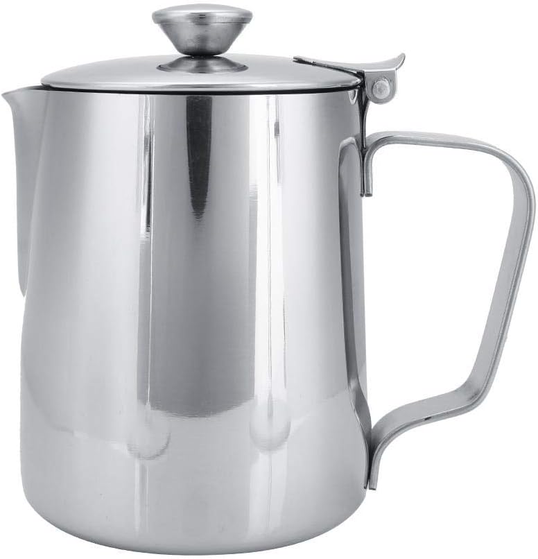 Stainless Steel Coffee Cup Mug Milk Frothing Pitcher Jug with Lid for Latte Coffee Art for Office Kitchen with handle(350mL)