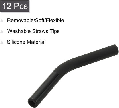uxcell 12Pcs Silicone Straw Tips, Silicone Straw Elbows Tip, Soft Reusable Metal Straw Covers Fit for 6mm/0.24" OD Stainless Steel Straws, Black