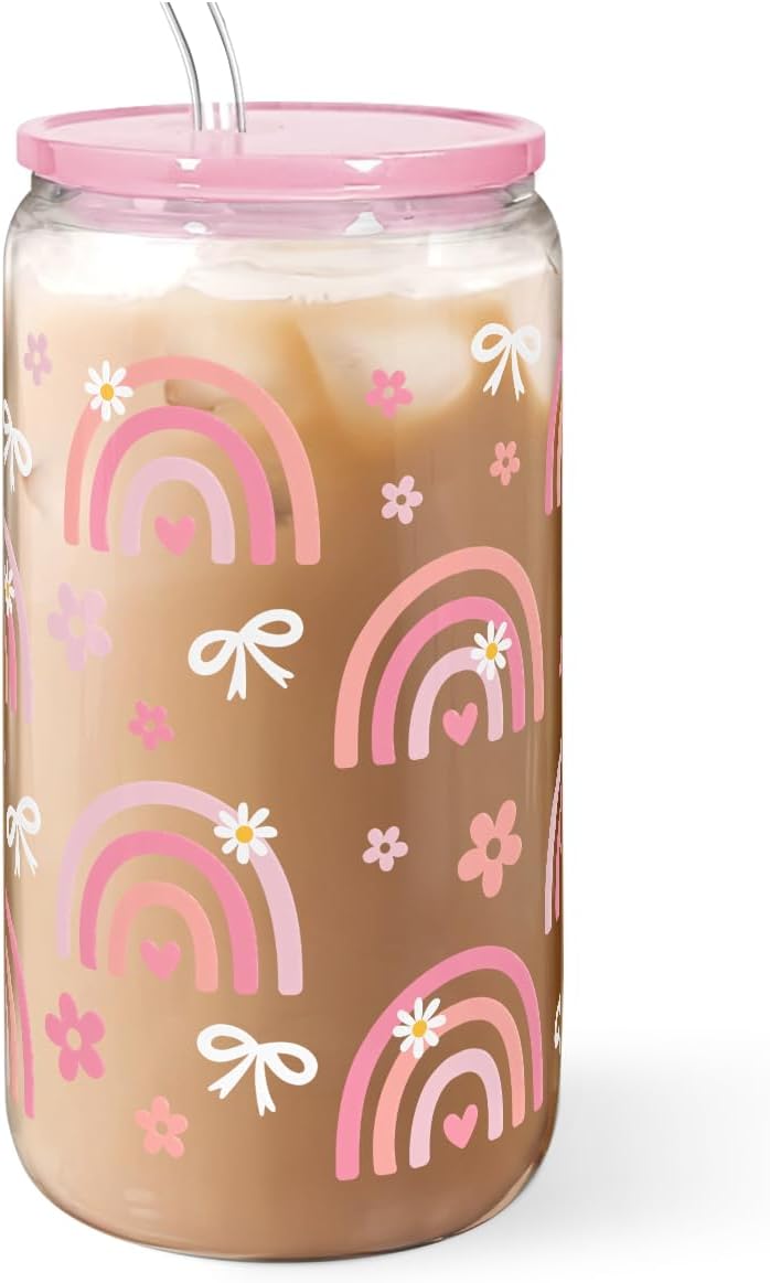 Rainbow 16oz Can Glass Tumbler with Acrylic Lid & Straw, Iced Coffee Cup for Women Girls, Aesthetic Cups Gifts for Birthday Christmas