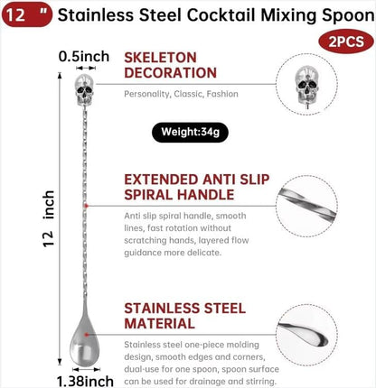 Homestia 2Pcs Bar Spoon, 12 Inch Stainless Steel Cocktail Mixing Spoon, Long Handle Spiral Design with Weighted Skull End Mixing Spoon Stirrers for Drink Cocktail Stirres Halloween Party Bar