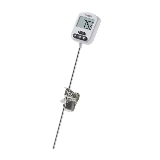 Taylor Programmable Digital Candy and Deep Fry Thermometer with Green Light Alert Display, Long Stem, and Adjustable Pan Clip, White