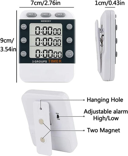 Digital Dual Kitchen Timer for Cooking, 3 Channels Count Down/up Triple Multi Timers for Food, Magnetic Memory-Preset Large-Display Adjustable Alarm Volume, 3A Battery Included