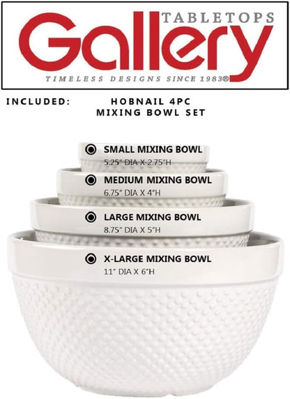 TTU Tabletops Gallery Hobnail Style 4 Piece Classic White Stoneware Nesting Mixing Bowl Set for Baking and Cooking