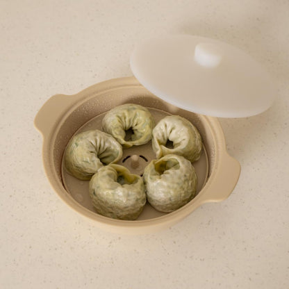 Microwave Silicone Steamer for Baby Food, Made In Korea, Oven & Dishwasher Safe to 482°F, Easy Clean, Microwave Pot with Handle & Lid, 100% Food Grade Steamer Bowl (Creme Brulee, 29oz (850ml) with basket)