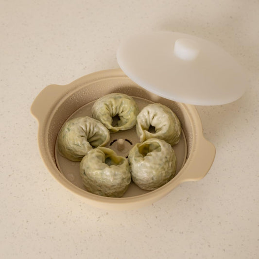 Microwave Silicone Steamer for Baby Food, Made In Korea, Oven & Dishwasher Safe to 482°F, Easy Clean, Microwave Pot with Handle & Lid, 100% Food Grade Steamer Bowl (Creme Brulee, 29oz (850ml) with basket)